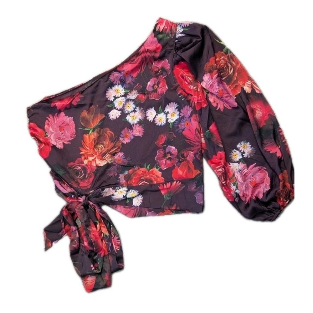 NWT Express Top Satin Floral One-Shoulder ruched side tie bow Salsa Resort Sexy